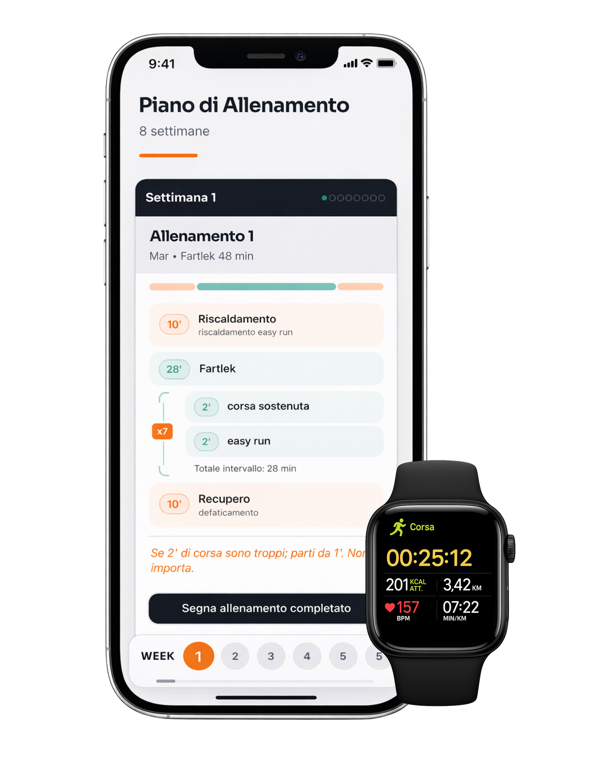 Il piano di allenamento sul telefono e sullo smartwatch